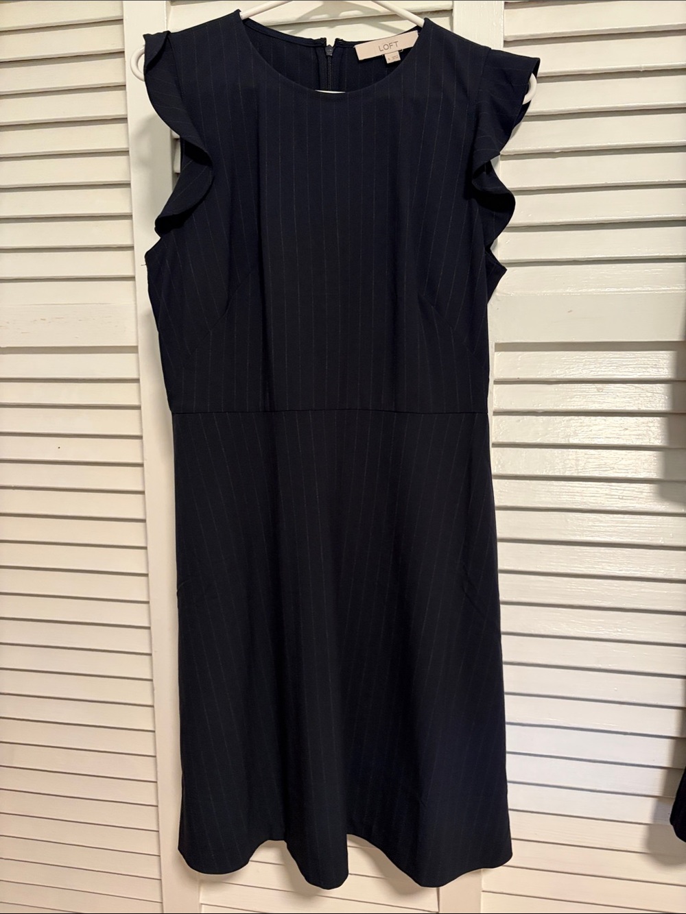LOFT Navy Pinstripe Ruffle-Sleeve dress